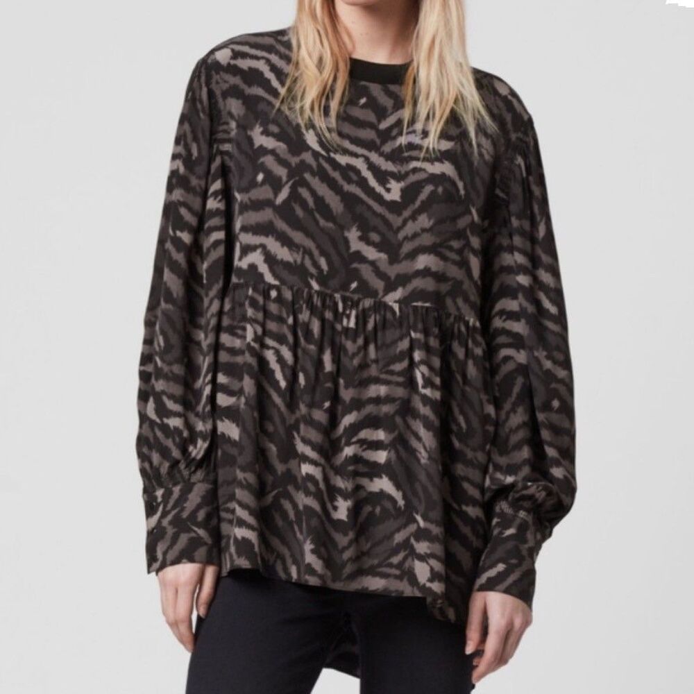 Allsaints Fayre Remix Top in Grey Abstract Zebra Print Flowy Blouse Long Slv S